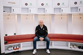 Atlanta United Goalkeeper Brad Guzan in the dressing room, getting ready to talk about feelings