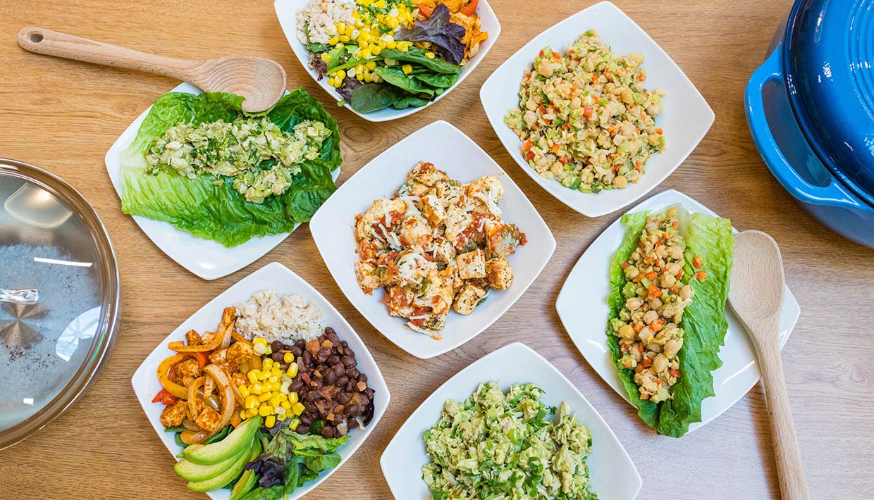 Aerial image of seven different family-friendly, dietitian-approved recipes