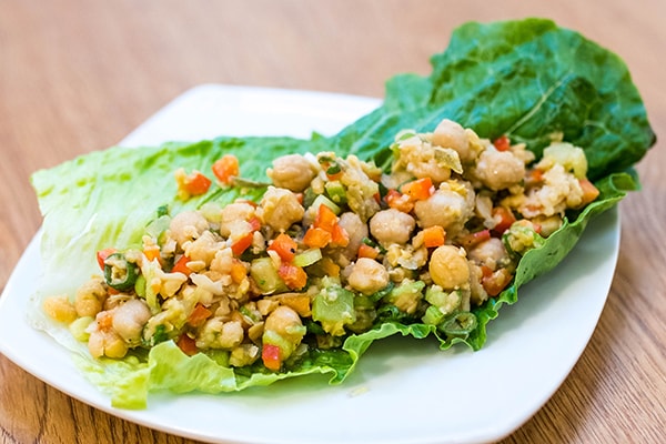 Plated zesty vegan chickpea salad recipe, packed with plant-based protein. 