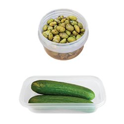 Protein-packed, backpack-friendly snack idea: dry roasted edamame and snacking cucumbers. 