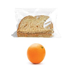 Protein-packed backpack snack idea: slice of whole-wheat bread with nut/seed butter and an orange 