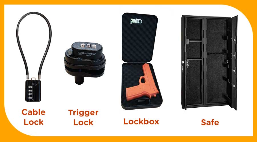 Safe firearm storage options include trigger locks, cable locks, lockboxes and safes.